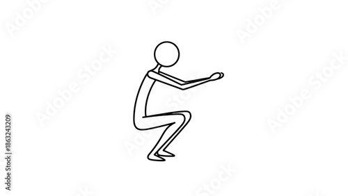 Stick Figure Man Squatting Down in a Ready Position to Jump or Lift, Demonstrating Agility and Power on Isolated White Background.