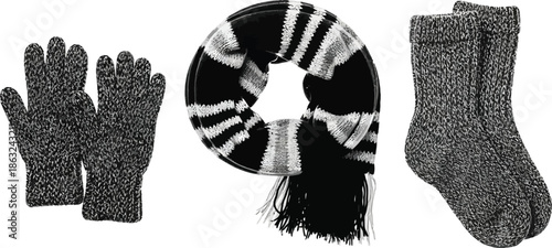 A set of knitted gloves, scarf, and socks on a white background