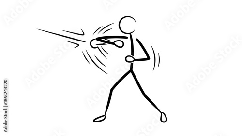 Stick Figure Man Punching or Shooting Forward with Great Force and Dynamic Energy on Isolated White Background.
