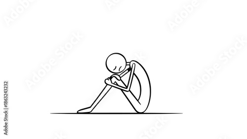 A simple stick figure drawing depicting a person sitting alone, hunched over with knees to chest, conveying feelings of sadness, loneliness, or introspection on a white background.