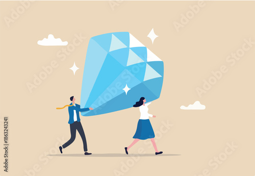 Core value or value proposition, CLV customer lifetime value or company valuation, profit or corporate worth concept, business people employees help carry big valuable diamond.