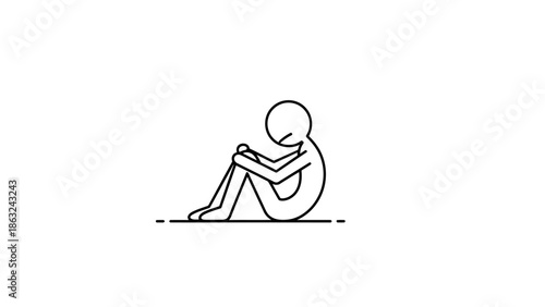 Stick Figure Man Sitting with Knees to Chest and Head Down, Depicting Sadness or Depression on Isolated White Background.
