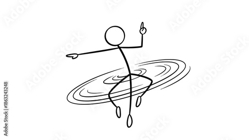 Simple black and white stick figure drawing depicting a person spinning or dancing with dynamic motion lines around the body.