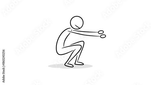 Simple stick figure illustration demonstrating a squat exercise on a plain white background, highlighting basic body movement.