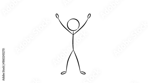 A simple, hand-drawn stick figure illustration with arms raised high in a celebratory or active pose on a plain white background.