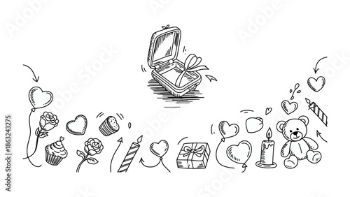 Drawn Gift Illustration: A hand-drawn illustration captures the essence of a cherished gift, surrounded by love's symbols and celebratory elements, conveying warmth and affection.