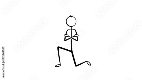 Stick Figure Man Kneeling with Crossed Arms in a Thoughtful or Respectful Pose on Isolated White Background.