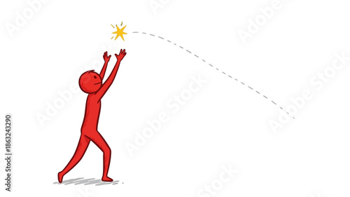 Red stick figure reaching for a distant yellow star with a dotted trajectory, symbolizing aspiration and goals.