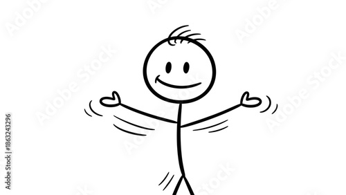 A simple black and white stick figure drawing with a smiling face and arms outstretched, showing a welcoming or happy gesture with wavy lines indicating movement.