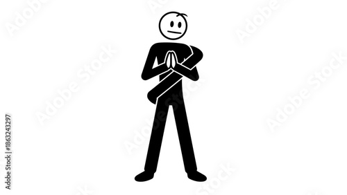 Black stick figure standing with hands clasped in a prayer-like gesture, a curved band wrapped around its torso, on a white background.