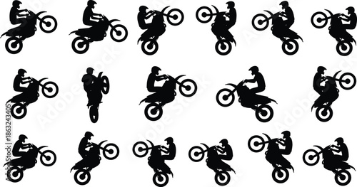 Silhouettes of Eighteen Motorcyclists Performing Wheelies in Varied Poses, Calm Mood, One-Panel Motorcycle Stunt Vector Illustration Design