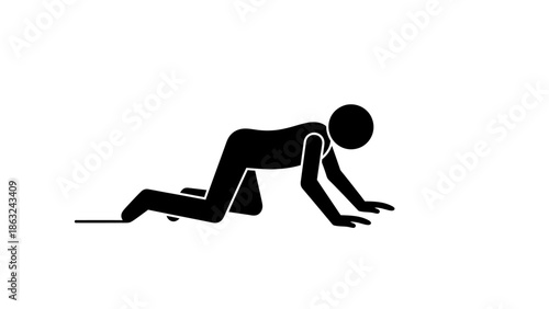 A simple black stick figure illustration depicting a person in a crawling or kneeling position on a white background.