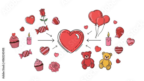 Love's Embrace: a delightful illustration featuring a central heart, radiates affection, surrounded by romantic elements like balloons, roses, sweets, and candles.