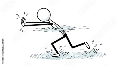 Stick Figure Man Running and Splashing Water with Hands Outstretched in a Stopping Motion on Isolated White Background.