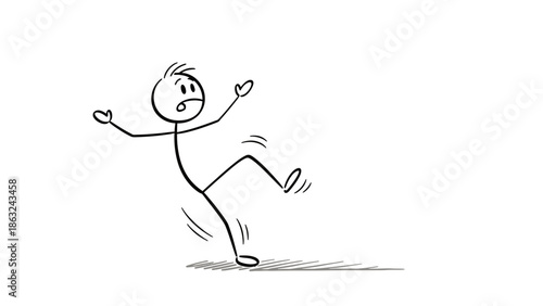 A simple stick figure drawing depicting a person losing balance and about to fall, expressing surprise or alarm with wide eyes and open mouth.