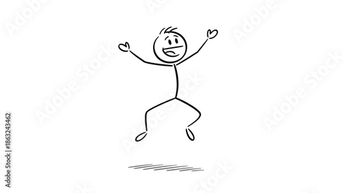 Happy stick figure cartoon character jumping with arms raised and a wide smile, expressing joy and excitement on a white background.