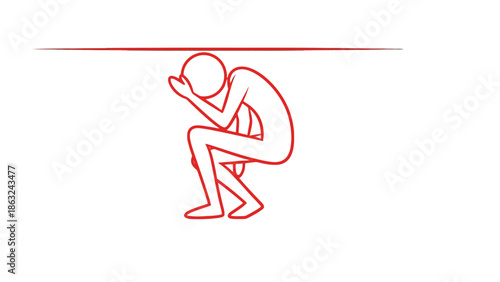 A red stick figure crouches under a low ceiling, appearing stressed or burdened, with one hand covering its face.