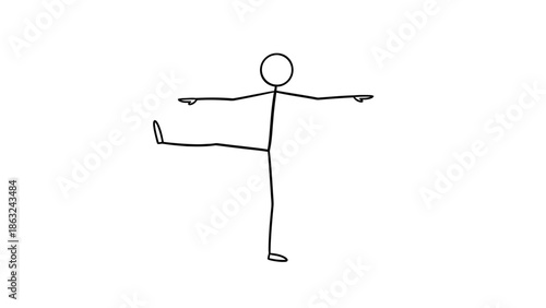 Simple stick figure drawing demonstrating balance with one leg raised and arms extended horizontally on a plain white background.