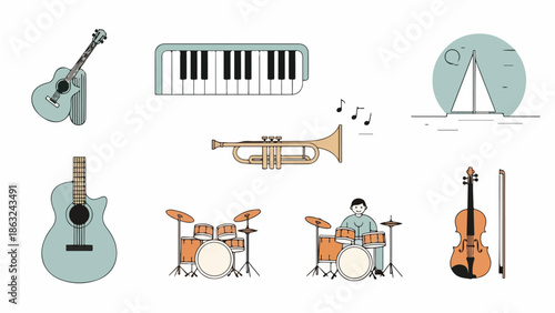 Musical instruments and a musician playing drums surrounded by various music elements in a serene environment