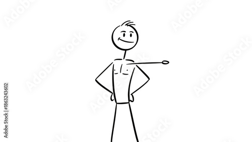 A simple stick figure drawing of a smiling man with an object protruding from his chest, pointing right.