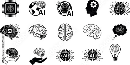 Artificial Intelligence Icon Set Featuring Brain Circuitry Digital Technology Smart Solutions Machine Learning Global Connectivity Innovation Data Processing and Human Mind Graphics