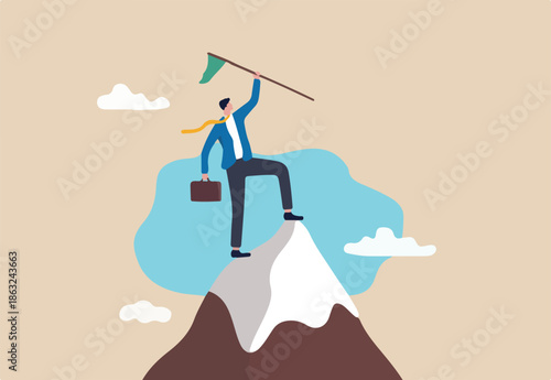 Business pioneer, conqueror be the first to explore success opportunity, achievement or new market segment, exploration concept, confidence businessman holding winner flag on top of mountain peak.
