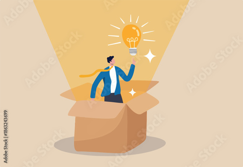 Think outside the box, creativity to create different business idea or motivation and innovation concept, smart businessman get out of paper box with new illumination lightbulb idea.