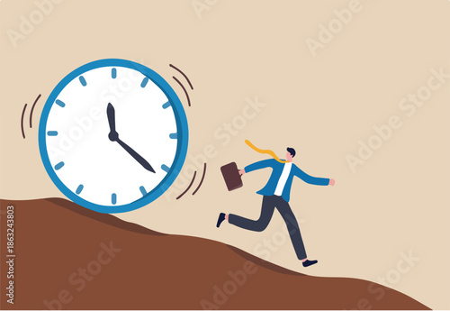 Run out of time, work deadline, time countdown or time management concept, tried businessman running away from falling rolling huge clock down hill.