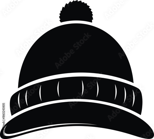 A black beanie with a pom-pom on top and a ribbed cuff is shown in a simple illustration.