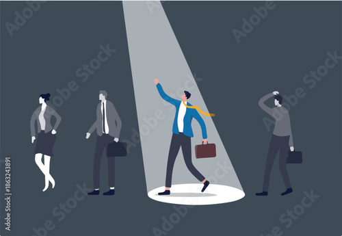 The chosen one, HR, human resources recruiter choosing best candidate or hiring manager choose winner talent concept, stand out confident businessman with spotlight with other fade out candidates