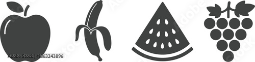 Silhouette illustrations of a ripe apple a curved banana a sliced watermelon and a bunch of grapes on transparent background