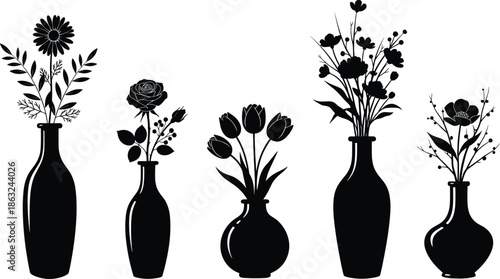 Silhouettes of five flower vases with distinct floral arrangements, perfect for botanical design, decoration, and nature-themed illustration.