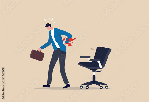 Office syndrome back pain, sitting and work too long causing back ache or inflammation of neck, shoulder and back muscles concept, painful office worker holding his back pain with office chair