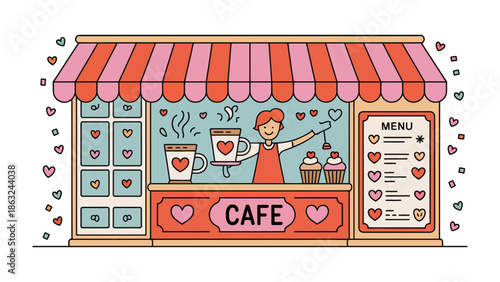 Love-Infused Cafe: A charming cafe scene radiates warmth, a friendly attendant serving delightful treats. Heart motifs and the overall design evoke an atmosphere of affection.
