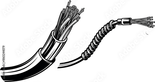 Detailed Black and White Vector Illustration of Industrial Electrical Cables Wiring and Armored Flexible Conduit for Engineering and Construction Design