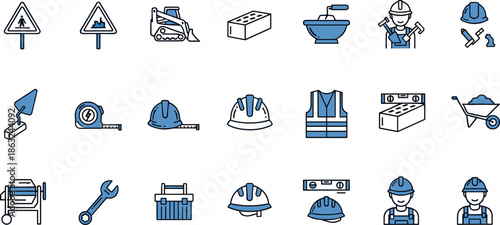 Construction and Building Industry Vector Icon Set Featuring Tools Safety Gear Machinery Workers and Masonry Equipment for Professional Site Development