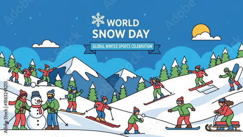 World snow day, global winter sports celebration with skiers, snowboarders, and sledders on snowy mountain