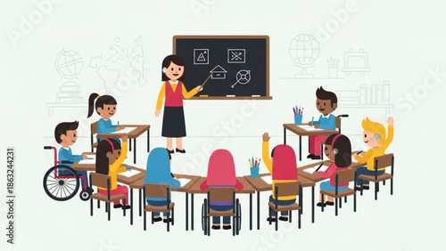 Diverse group of school children sitting at desks in classroom with teacher writing on blackboard