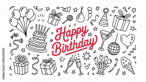 Birthday Celebration: Festive doodle illustration of birthday elements. This charming design is perfect for conveying joy and the spirit of a special day.