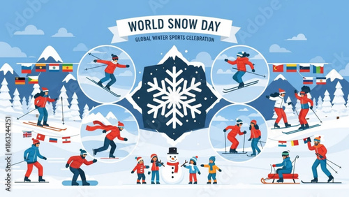 Global winter sports celebration, world snow day, skiing and snowboarding illustration with international