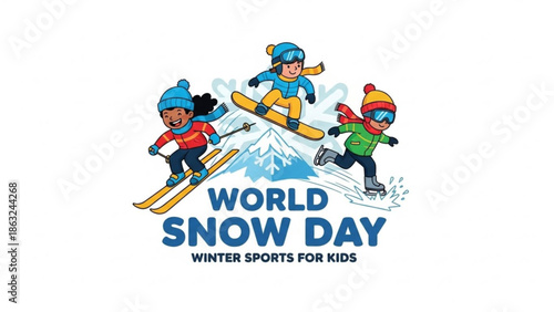 World snow day winter sports for kids illustration with children skiing and snowboarding