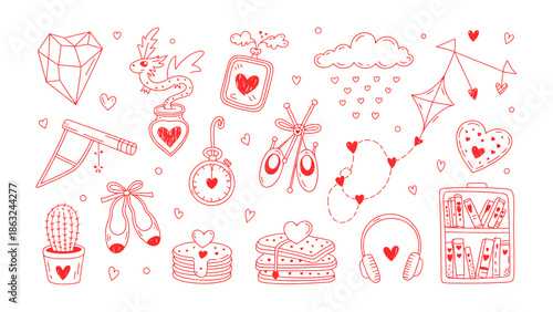 Love-themed Collection of Symbolic Drawings: Charming drawings in red, each element a symbol of love, from sparkling gems to whimsical heart-shaped motifs, evoke emotions of affection and warmth.