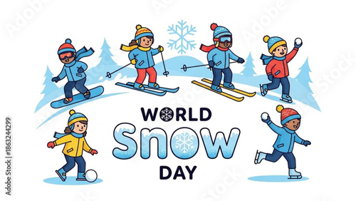 Children skiing and ice skating on world snow day in winter landscape with snowflakes