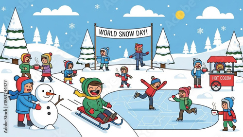 Children playing ice skating and building snowman on world snow day winter scene with hot cocoa cart