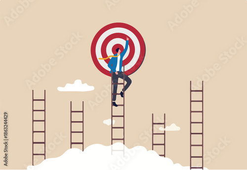 Ladder of success to reach goal or target, challenge to achieve goal, strategy or motivation to win competition, ambition or aspiration concept, businessman climb up the right ladder to reach goal