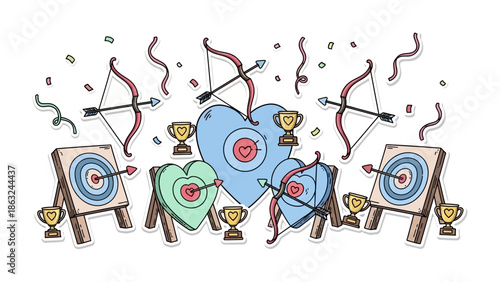 Archery Love: Romantic archery scene with targets, bows, arrows, and trophies, perfect for celebrating love, relationships, and romance. 