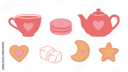Heartfelt Tea Time: A charming still-life of a teacup, teapot, and assortment of cookies, each adorned with a loving heart, creating a scene of delightful warmth and affection.