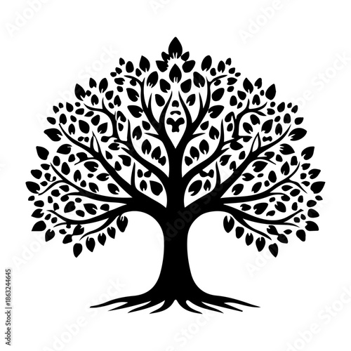 Detailed black silhouette of a majestic leafy tree with roots on white background. Minimalist vector illustration of the tree of life, nature, environment, and organic growth concept.