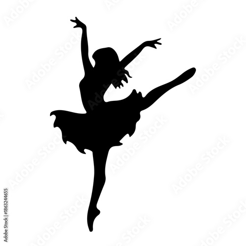Graceful black silhouette of a ballerina dancing on white background. Minimalist vector illustration of a ballet dancer in a dynamic pose for performing arts, classic dance, and theater.