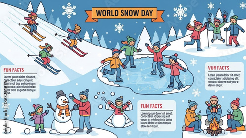 Children playing snow, kids skiing, snowball fight, snowman building on world snow day
